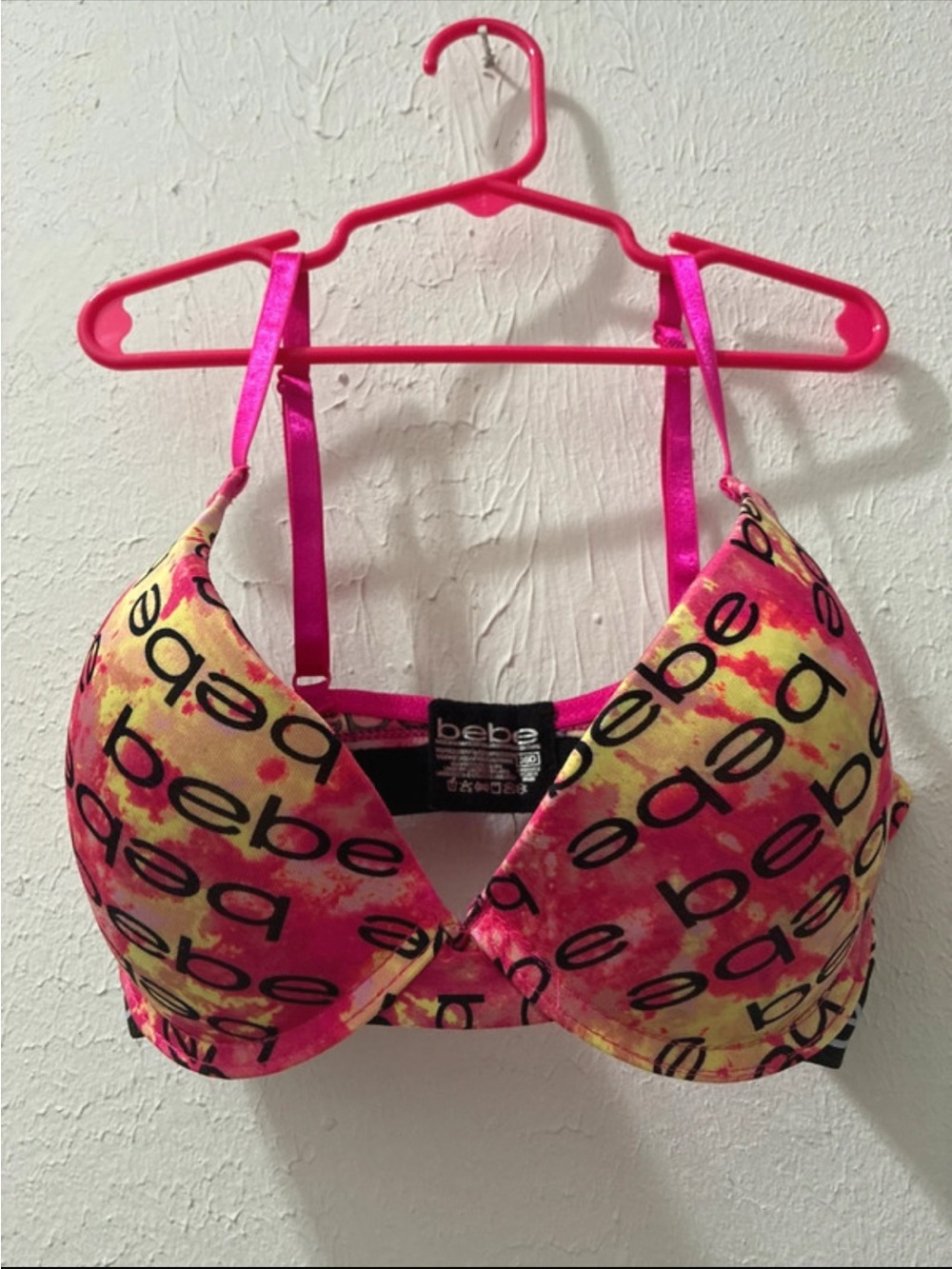 bebe Pink & Yellow Tie-Dye Logo Push-Up Bra